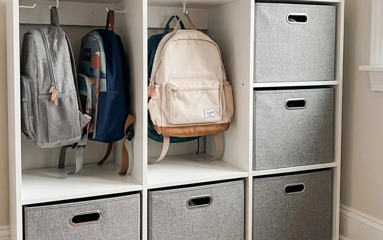 Easy DIY Backpack Storage and Organization Using a Cube Organizer - School Run Messy Bun